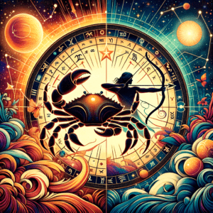 Les symboles astrologiques du Cancer (crabe) et du Sagittaire (archer) se font face sur un fond cosmique étoilé.