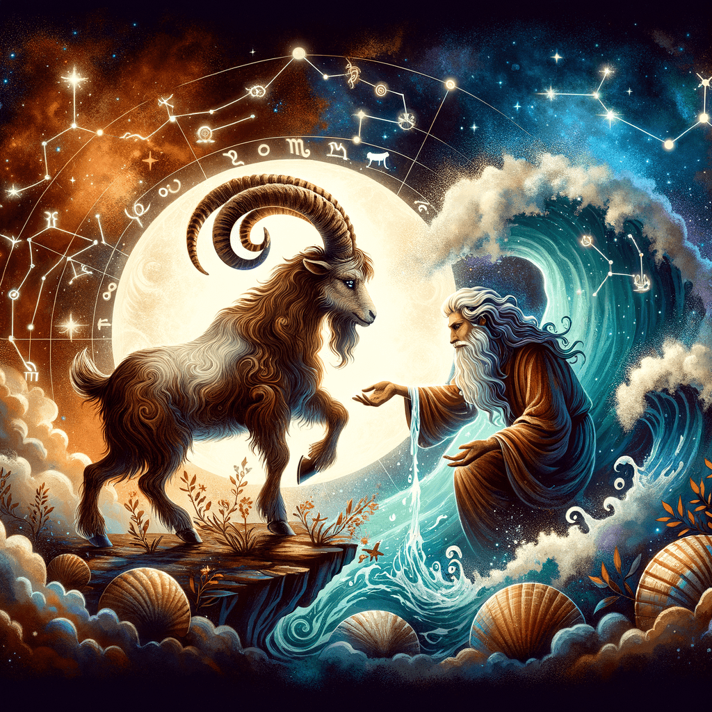 Le Capricorne (chèvre) et le Verseau (porteur d'eau) se font face, symbolisant leur compatibilité avec les étoiles qui les relient.