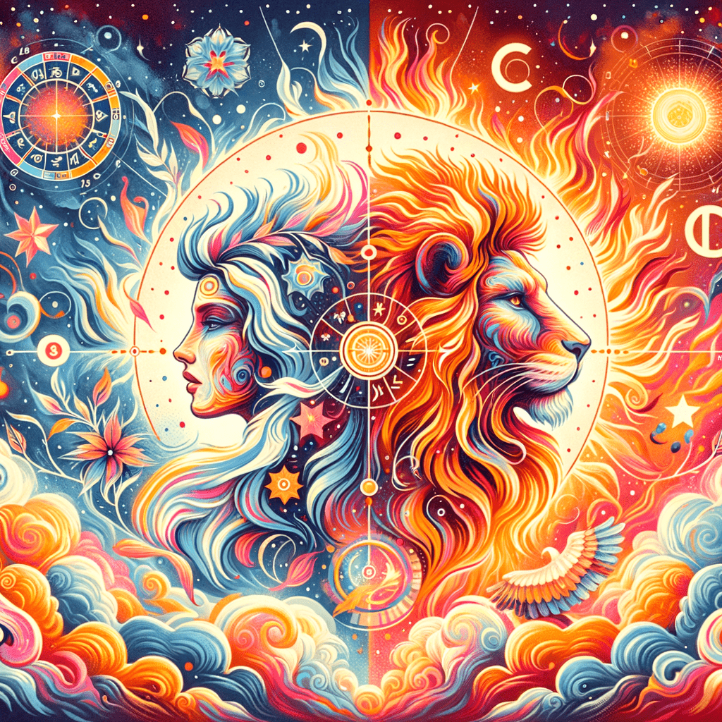 Des jumeaux Gémeaux et un lion Lion se font face, sous un soleil et des étoiles scintillantes, symbolisant la compatibilité entre les Gémeaux et le Lion.