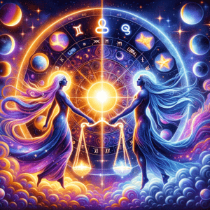 Les icônes des Gémeaux et de la Balance, reliées par des étoiles, illustrent la compatibilité entre les signes Gémeaux et Balance.