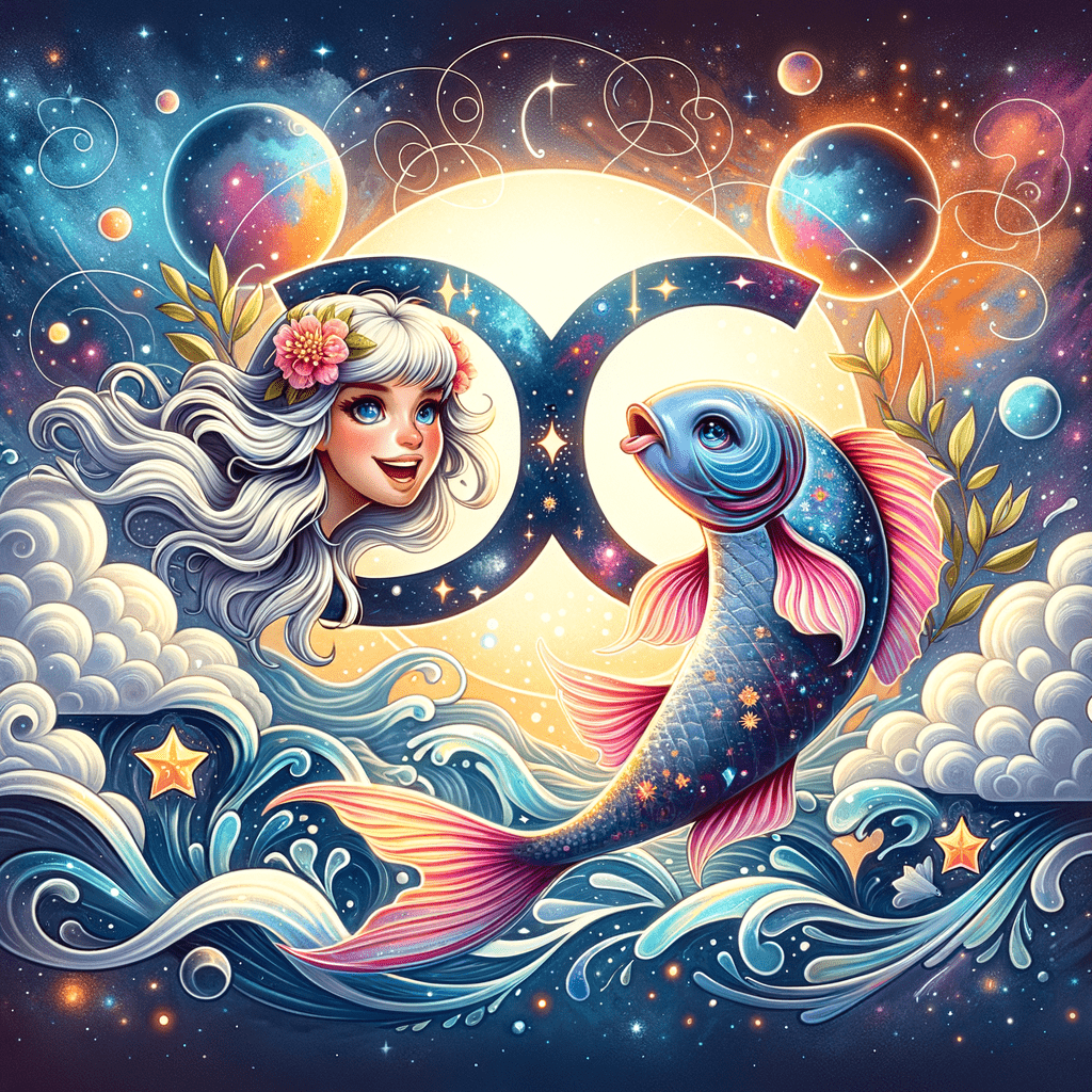 Illustration des symboles astrologiques des Gémeaux et des Poissons se faisant face, avec des motifs d'air et d'eau, représentant la compatibilité.