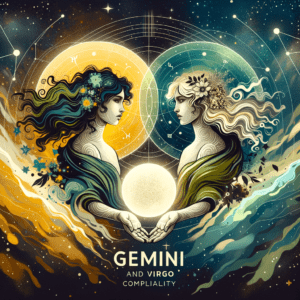 Les symboles astrologiques des Gémeaux et de la Vierge côte à côte, avec des motifs de soleil rayonnant et des symboles astrologiques représentant la compatibilité des signes solaires.