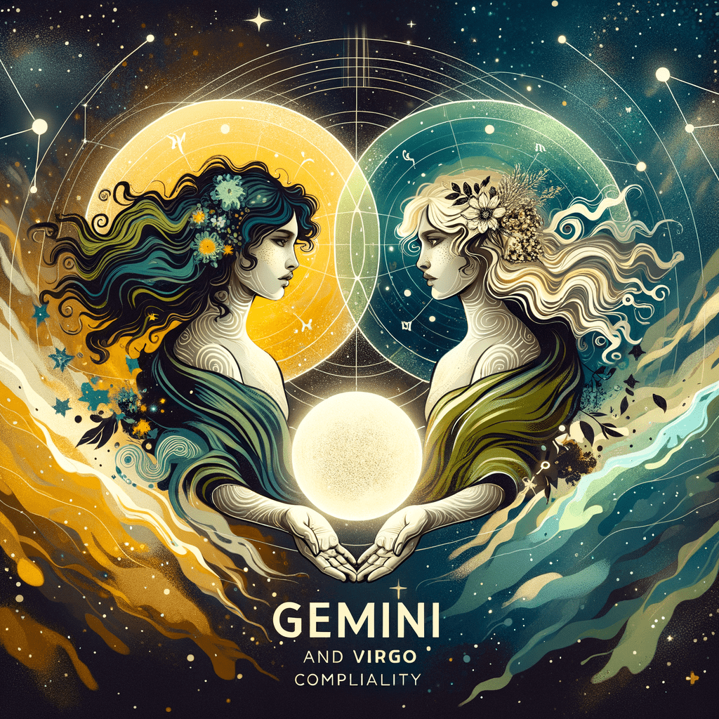 Les symboles astrologiques des Gémeaux et de la Vierge côte à côte, avec des motifs de soleil rayonnant et des symboles astrologiques représentant la compatibilité des signes solaires.