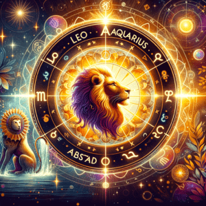 Les symboles astrologiques du Lion et du Verseau se font face, ornés de motifs solaires et aquatiques, illustrant leur compatibilité.