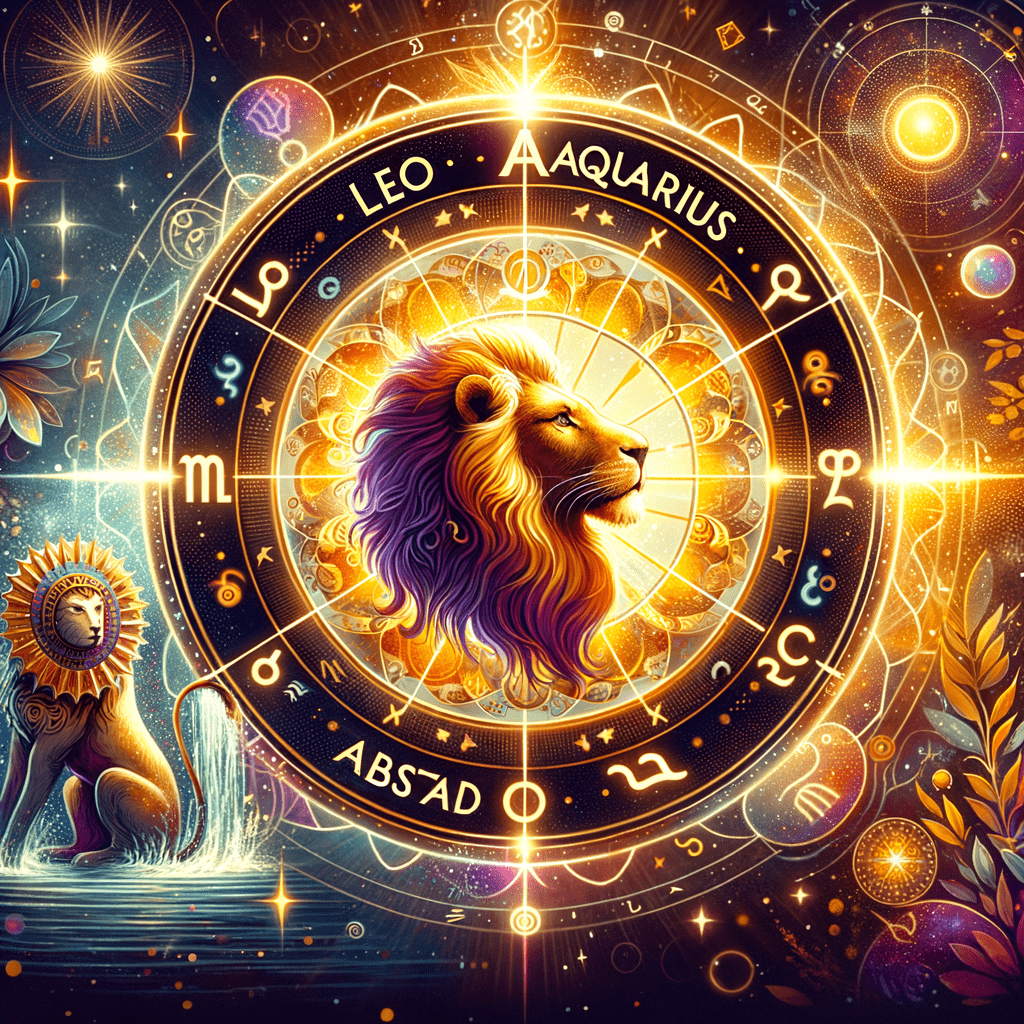 Les symboles astrologiques du Lion et du Verseau se font face, ornés de motifs solaires et aquatiques, illustrant leur compatibilité.