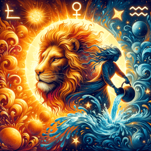 Lion (Lion) et porteur d'eau (Verseau) stylisés se faisant face avec des motifs solaires, illustrant la compatibilité entre le Lion et le Verseau.