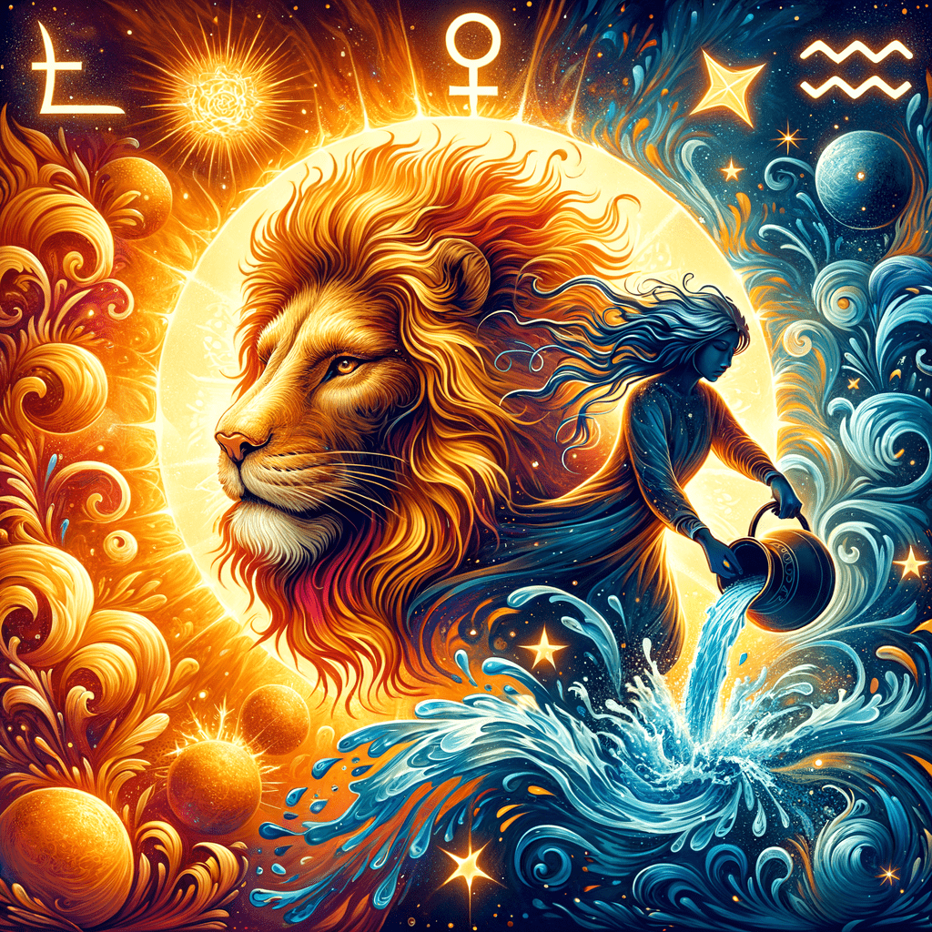 Lion (Lion) et porteur d'eau (Verseau) stylisés se faisant face avec des motifs solaires, illustrant la compatibilité entre le Lion et le Verseau.