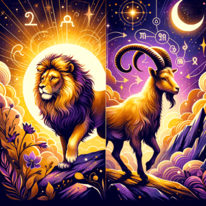 Illustration d'un lion du Lion et d'une chèvre du Capricorne se faisant face, avec une icône solaire symbolisant la compatibilité entre le Lion et le Capricorne.