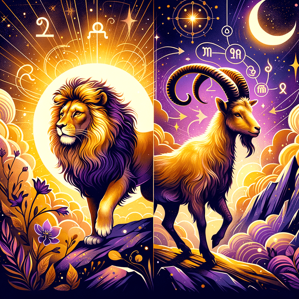 Illustration d'un lion du Lion et d'une chèvre du Capricorne se faisant face, avec une icône solaire symbolisant la compatibilité entre le Lion et le Capricorne.