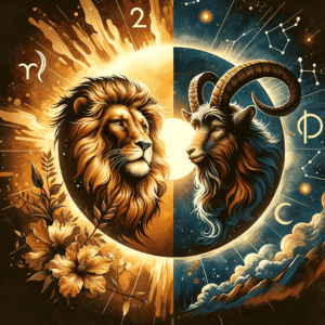 Compatibilité entre le Lion et le Capricorne : lion et chèvre avec les symboles du soleil et du zodiaque.