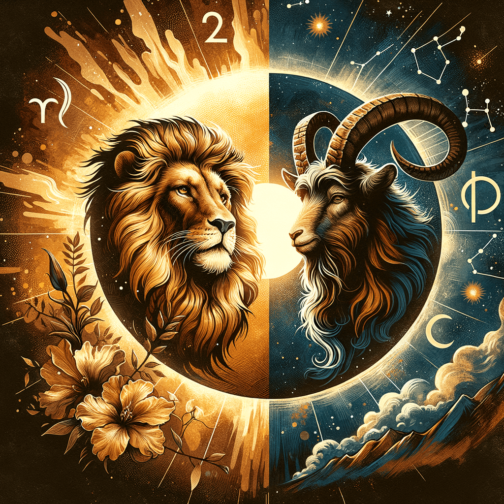 Compatibilité entre le Lion et le Capricorne : lion et chèvre avec les symboles du soleil et du zodiaque.