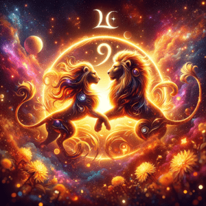 Deux lions majestueux et le symbole du Lion se détachant sur un soleil radieux, symbolisant la compatibilité entre les signes du Lion.