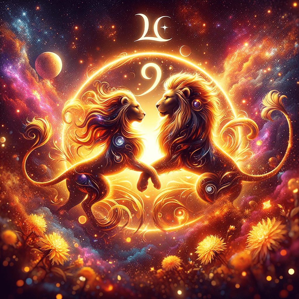 Deux lions majestueux et le symbole du Lion se détachant sur un soleil radieux, symbolisant la compatibilité entre les signes du Lion.