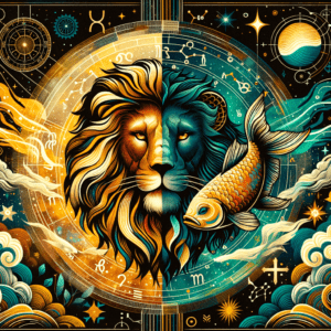 Un lion doré et deux poissons bleus se faisant face, ornés de motifs de soleil et d'eau, symbolisant la compatibilité entre le Lion et les Poissons.