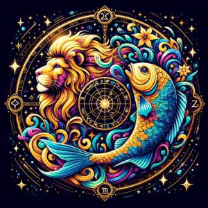 Graphique illustrant la compatibilité entre le Lion et les Poissons : un lion doré et un poisson bleu entourant un soleil stylisé avec des symboles zodiacaux et un cœur.