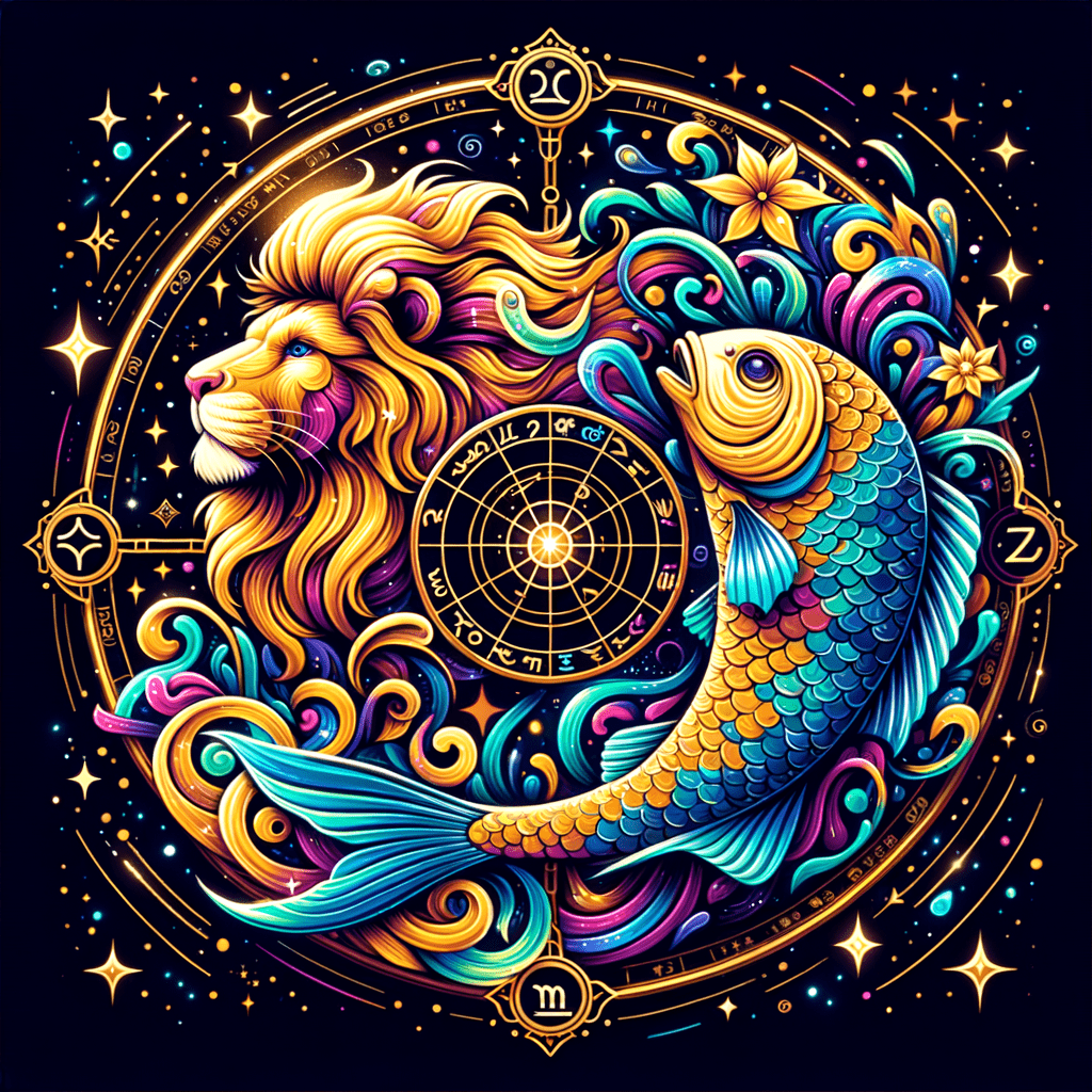 Graphique illustrant la compatibilité entre le Lion et les Poissons : un lion doré et un poisson bleu entourant un soleil stylisé avec des symboles zodiacaux et un cœur.