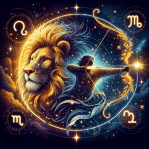 Deux symboles du zodiaque — le lion du Lion et l'archer du Sagittaire — se détachent sur un soleil rayonnant, symbolisant la compatibilité entre le Lion et le Sagittaire.