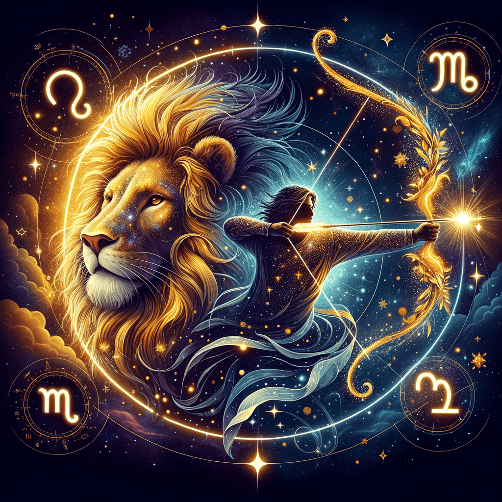 Deux symboles du zodiaque — le lion du Lion et l'archer du Sagittaire — se détachent sur un soleil rayonnant, symbolisant la compatibilité entre le Lion et le Sagittaire.