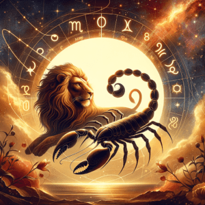 Graphique montrant les symboles astrologiques du lion (Lion) et du scorpion (Scorpion) avec un soleil rayonnant, représentant la compatibilité entre le Lion et le Scorpion.