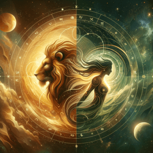 Les symboles astrologiques du lion (Lion) et de la vierge (Vierge) côte à côte sur un fond à thème solaire, indiquant la compatibilité zodiacale.
