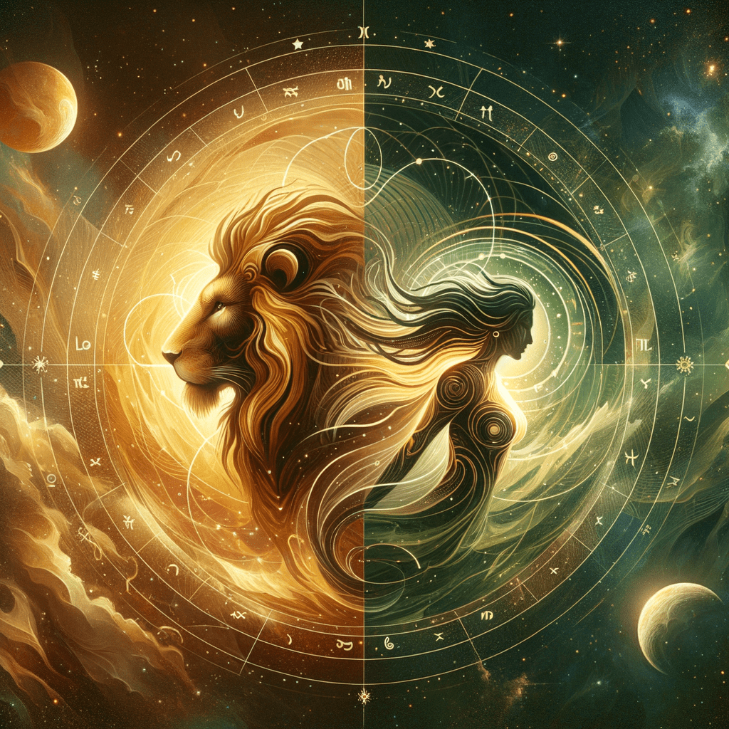 Les symboles astrologiques du lion (Lion) et de la vierge (Vierge) côte à côte sur un fond à thème solaire, indiquant la compatibilité zodiacale.