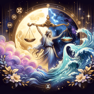 Les icônes de la Balance et du Verseau, le porteur d'eau, sont reliées par des étoiles et un cœur sur un fond cosmique pastel.