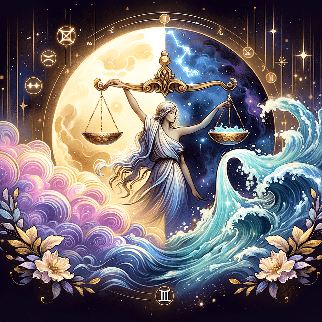 Les icônes de la Balance et du Verseau, le porteur d'eau, sont reliées par des étoiles et un cœur sur un fond cosmique pastel.