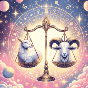 Illustration de la balance de la Balance et du Capricorne (chèvre de mer) sur fond de soleil, symbolisant leur compatibilité.