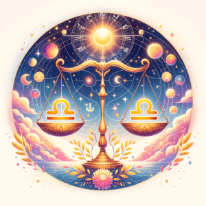 Deux symboles de la Balance en miroir formant une balance aux couleurs pastel et ornés de feuilles, symbolisant la compatibilité entre la Balance et le signe astrologique des Balances.