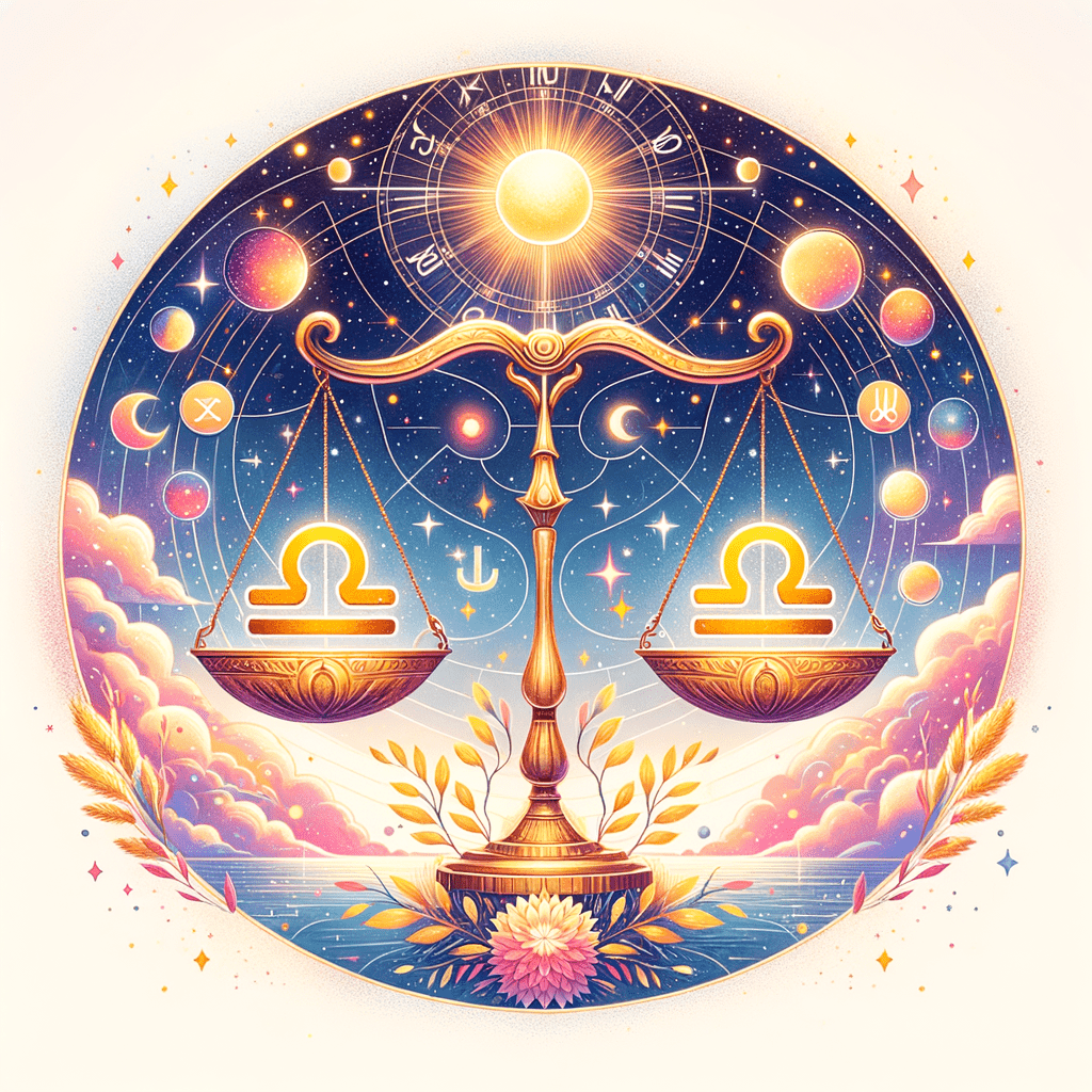 Deux symboles de la Balance en miroir formant une balance aux couleurs pastel et ornés de feuilles, symbolisant la compatibilité entre la Balance et le signe astrologique des Balances.