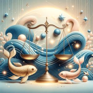 Illustration de la balance de la Balance et des poissons des Poissons entrelacés sous un soleil, les couleurs pastel suggérant une compatibilité amoureuse.