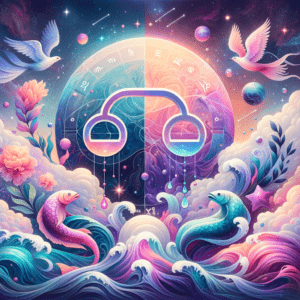 La balance et les poissons, symboles de la Balance, s'entrelacent parmi des étoiles et des nuages pastel, symbolisant la compatibilité entre la Balance et les Poissons.