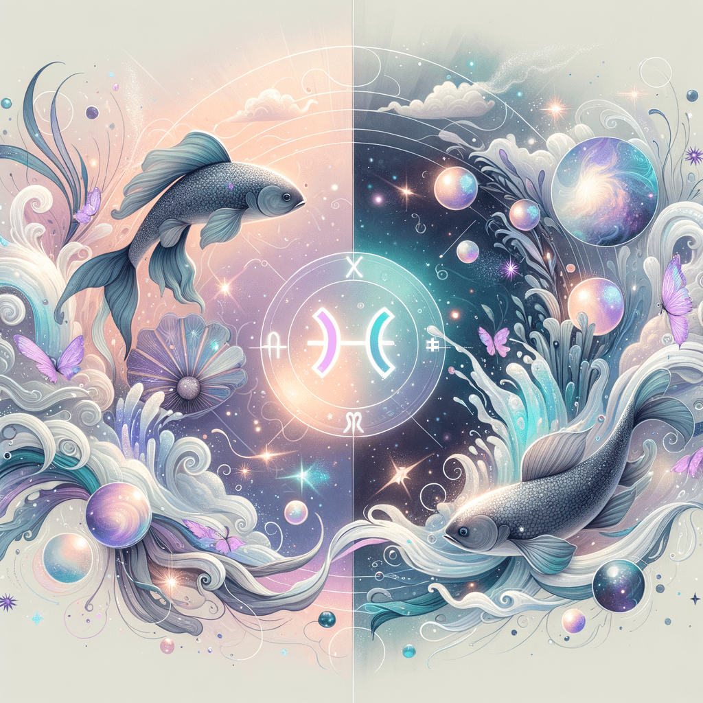 Illustration de la compatibilité entre Poissons et Verseau : les symboles du poisson Poissons et du porteur d’eau Verseau se font face, entourés d’étoiles.