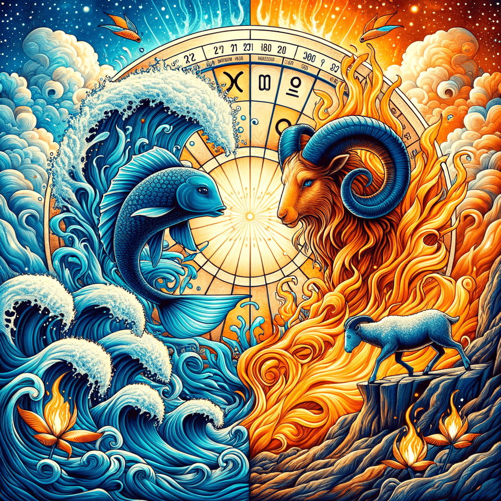 Le poisson Poissons et le bélier Bélier se font face, leurs cœurs et symboles zodiacaux symbolisant la compatibilité amoureuse.