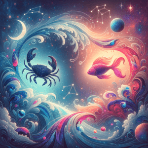 Les symboles du poisson Poissons et du crabe Cancer s'entrelacent sur un fond bleu aquatique, illustrant la compatibilité entre les signes du Poissons et du Cancer.