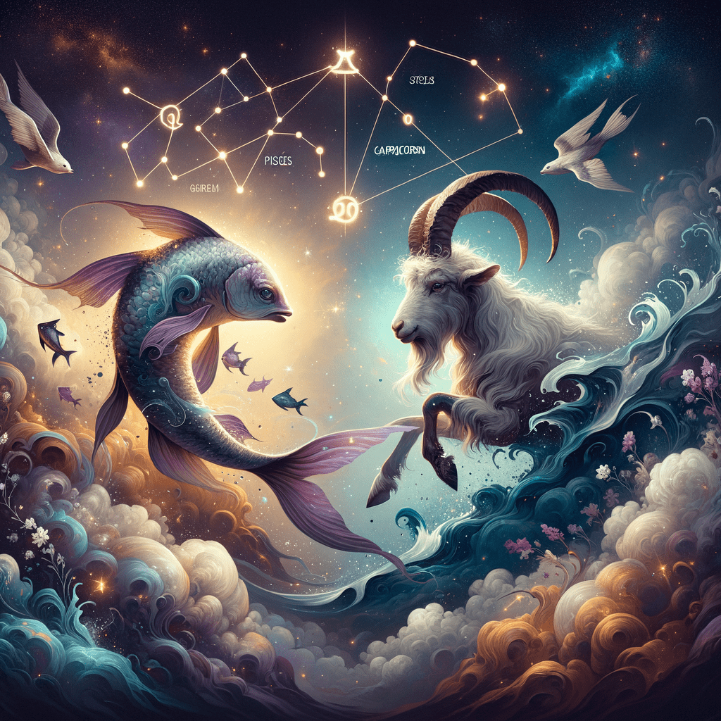 Les symboles astrologiques des Poissons et du Capricorne se font face sur un fond de soleil rayonnant, symbolisant leur compatibilité.