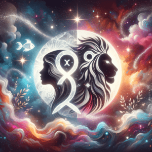 Les symboles astrologiques du Poissons et du Lion se font face, formant un cœur étoilé — Compatibilité Poissons-Lion