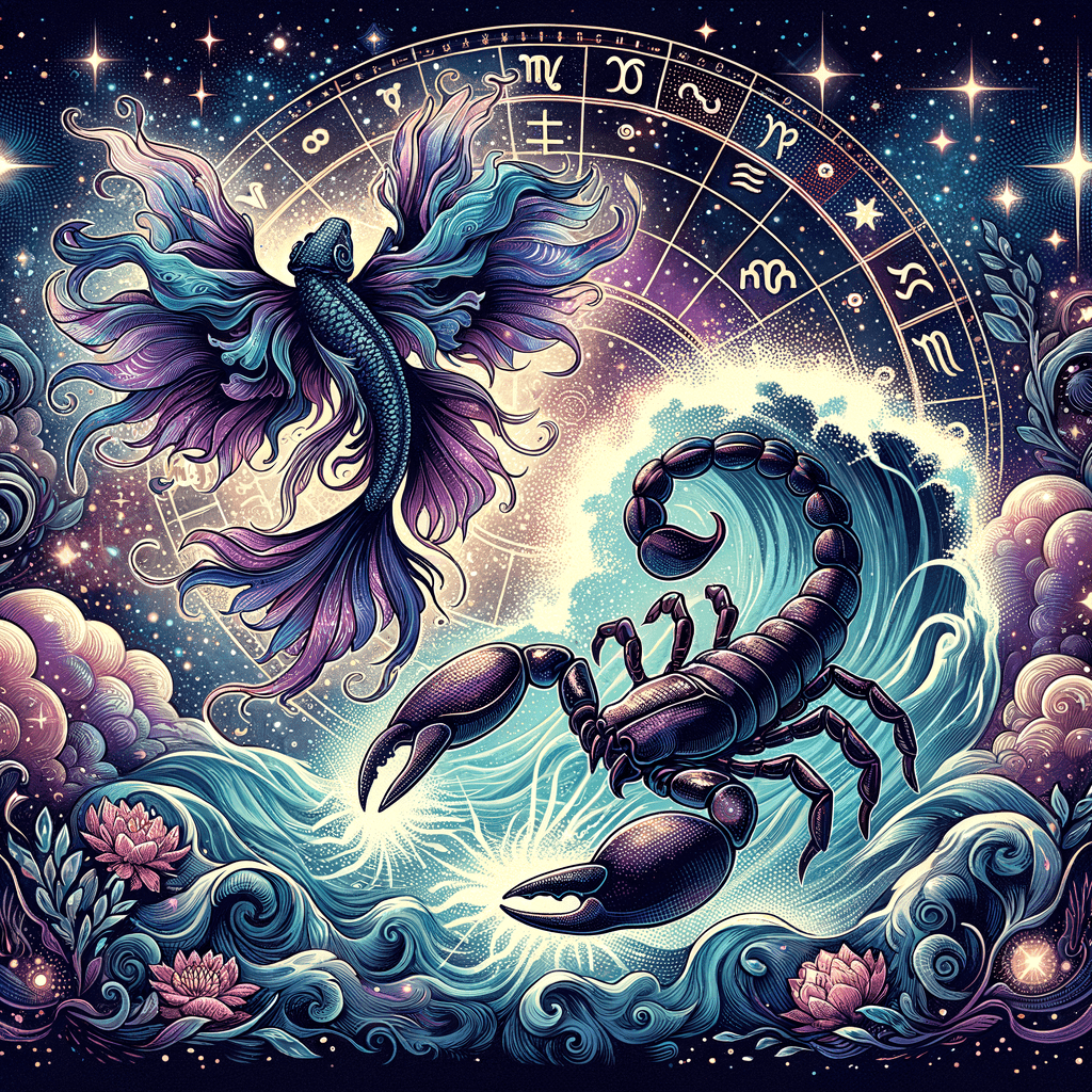 Les symboles astrologiques des Poissons et du Scorpion s'entrelacent au-dessus des vagues et des étoiles, représentant leur compatibilité amoureuse.