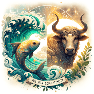 Les symboles astrologiques du Poisson et du Taureau s'entrelacent parmi des étoiles et des fleurs, symbolisant la compatibilité amoureuse.