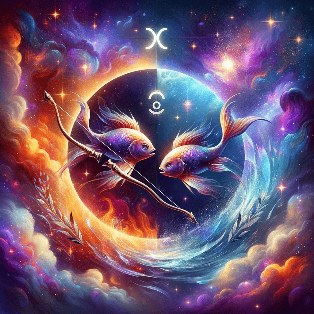 Un Sagittaire et deux Poissons entrelacés au-dessus d'un ciel étoilé, symbolisant leur compatibilité astrologique.