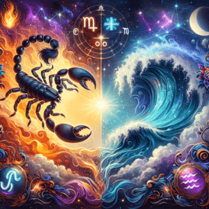Astrologie : Les symboles du Scorpion et du Verseau se font face sur un fond étoilé et ensoleillé, portant la mention ' compatibilité '.