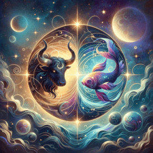 Un taureau stylisé et un poisson Poissons entrelacés sur un ciel nocturne, symbolisant la compatibilité entre le Taureau et les Poissons.