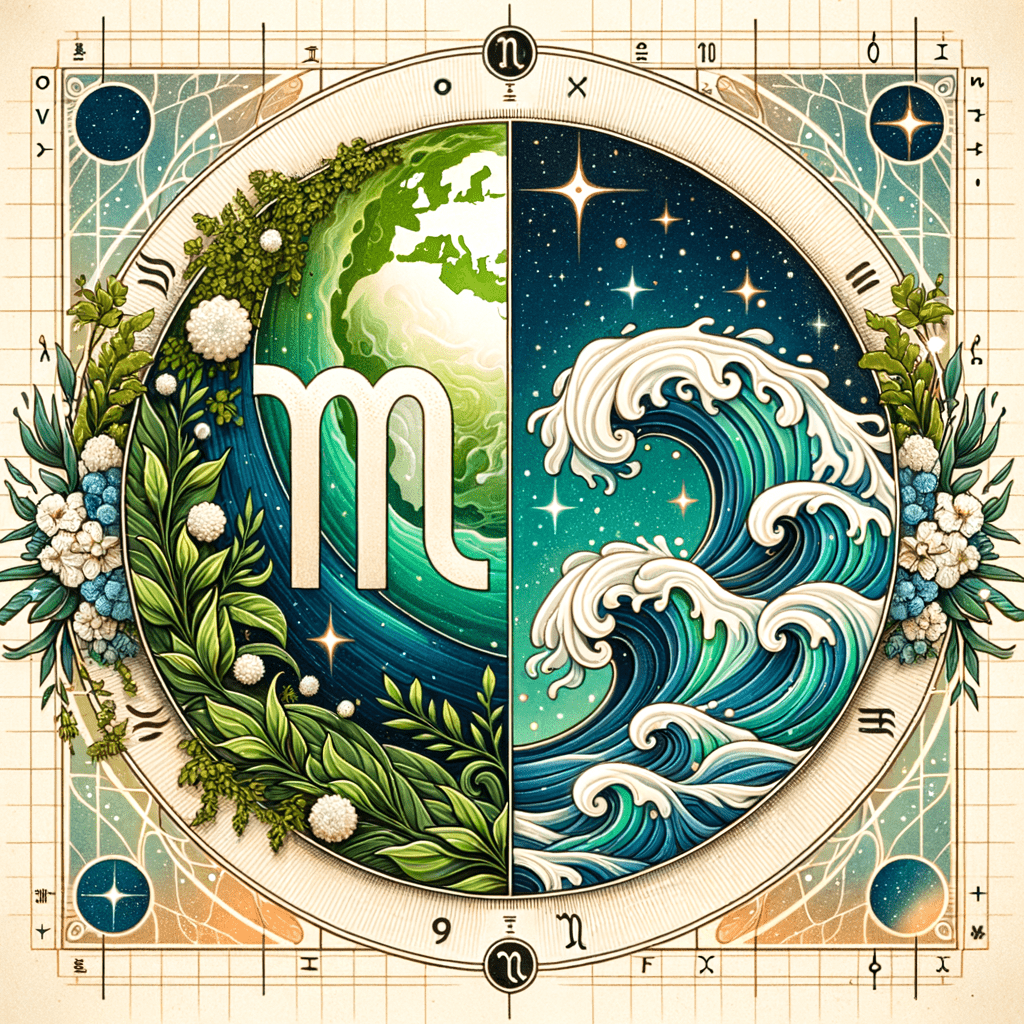 Symboles astrologiques stylisés de la Vierge et du Verseau, avec soleil, étoiles et flèches suggérant la compatibilité.