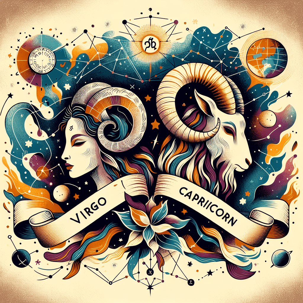 Illustration des symboles astrologiques de la Vierge et du Capricorne entrelacés avec un cœur, représentant leur compatibilité et leurs traits communs.