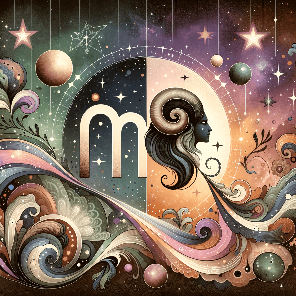 Les symboles astrologiques de la Vierge et du Capricorne côte à côte, associés à un cœur et à des tons terreux, représentent la compatibilité.