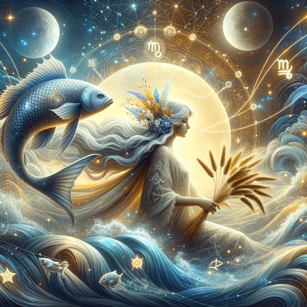 Les symboles astrologiques de la Vierge et des Poissons se font face sur un fond évoquant la terre et l'eau, symbolisant la compatibilité.