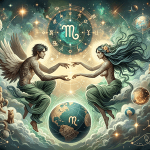Deux glyphes de la Vierge, mis en miroir avec des accents botaniques et des tons neutres chauds, symbolisent la compatibilité entre les signes de la Vierge.
