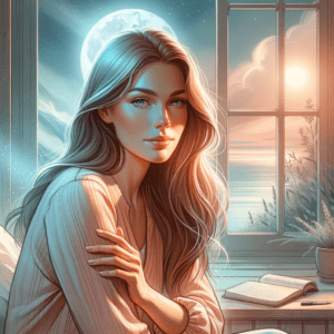 Illustration d'une femme pensive tenant un symbole de crabe sur un fond pastel éclairé par la lune, suggérant une profondeur émotionnelle.