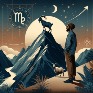 Illustration d'un homme pensif à côté d'un symbole stylisé de chèvre du Capricorne et d'une silhouette de montagne dans des tons chauds de terre.
