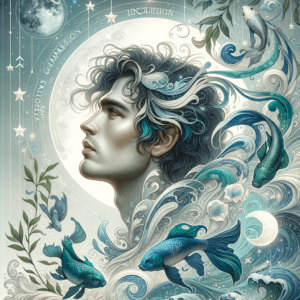 Illustration d'un homme Poissons rêveur entouré de poissons, d'étoiles et de lune, évoquant une personnalité romantique et empathique.